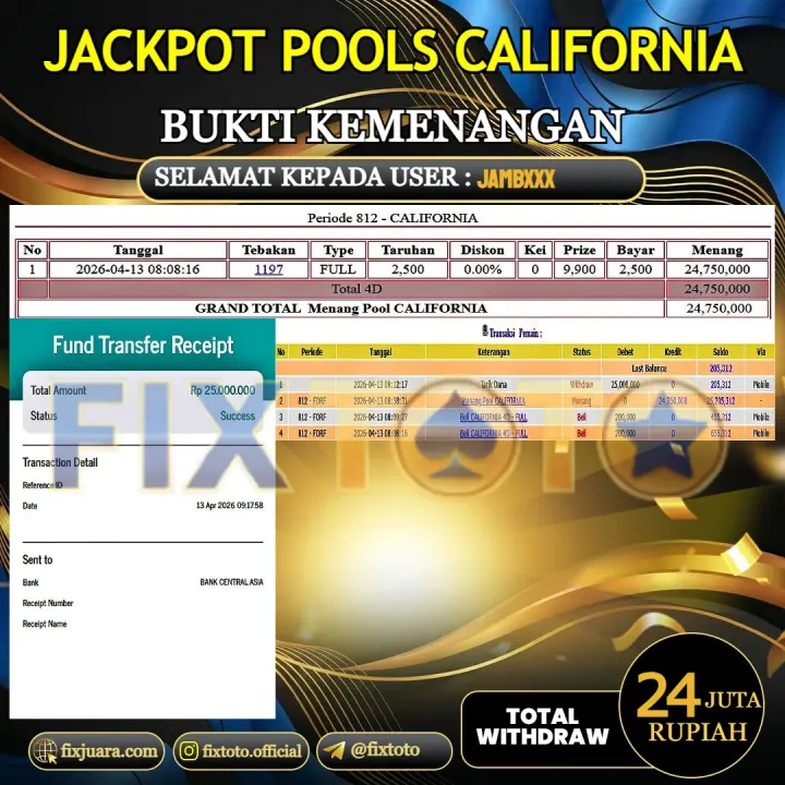   FIXTOTO  JACKPOT TOGEL CALIFORNIA Rp.24.000.000,- LUNAS USER ID  JAMB***