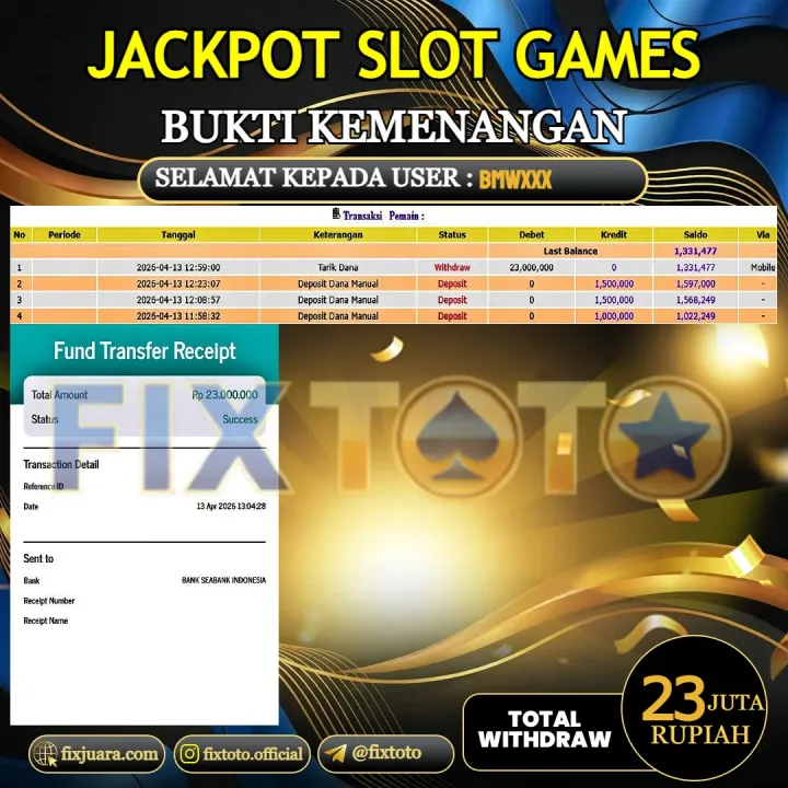   FIXTOTO  JACKPOT SLOT GAMES Rp.23.000.000,- LUNAS USER ID BMW***