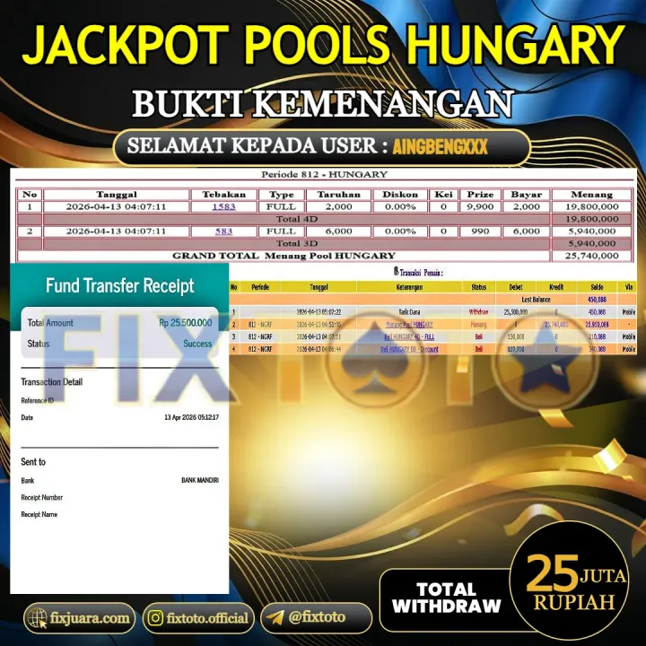   FIXTOTO  JACKPOT TOGEL HUNGARY Rp.25.000.000,- LUNAS USER ID AINGBENG***