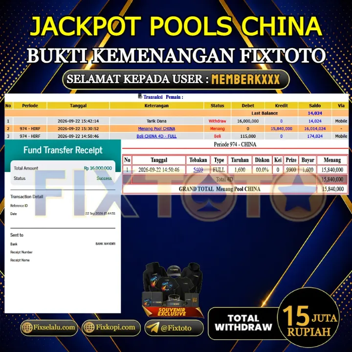  FIXTOTO JACKPOT TOGEL CHINA Rp.15.000.000,- LUNAS USER ID : MEMBERK***