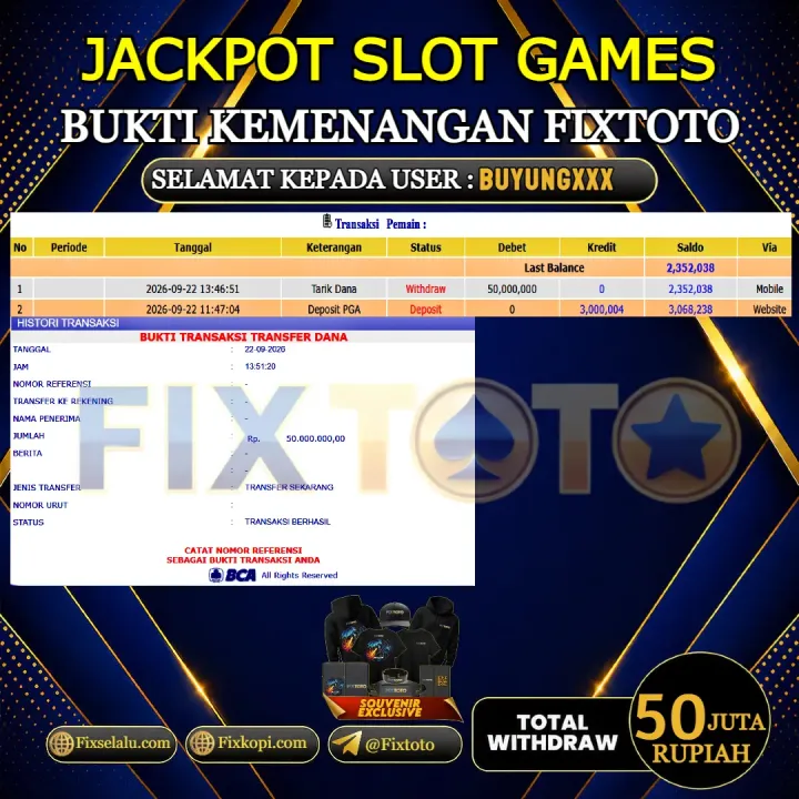 FIXTOTO JACKPOT SLOT GAMES Rp.50.000.000,- LUNAS USER ID : BUYUNG***