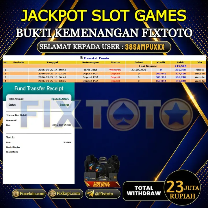  FIXTOTO JACKPOT SLOT GAMES Rp.23.000.000,- LUNAS USER ID : 38SAMPU***