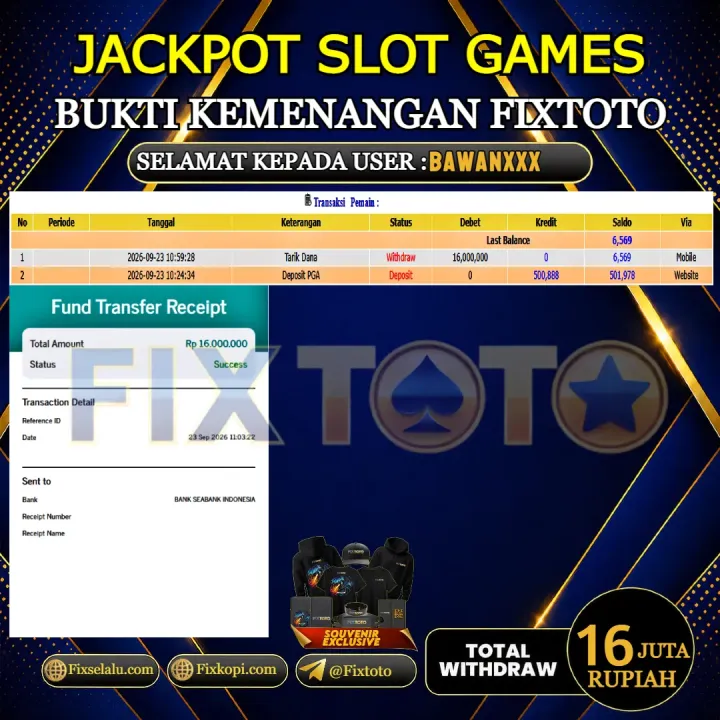  FIXTOTO JACKPOT SLOT GAMES Rp.16.000.000,- LUNAS USER ID : BAWAN***