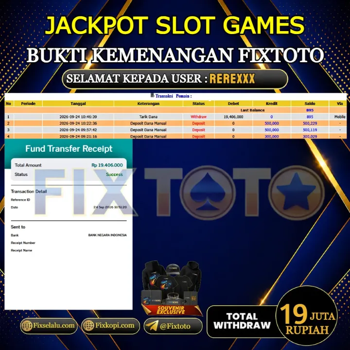  FIXTOTO JACKPOT SLOT GAMES Rp.19.000.000,- LUNAS USER ID : RERE***