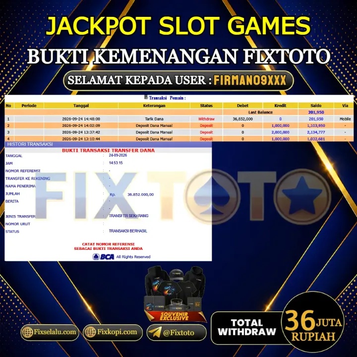  FIXTOTO JACKPOT SLOT GAMES Rp.36.000.000,- LUNAS USER ID : FIRMAN09***