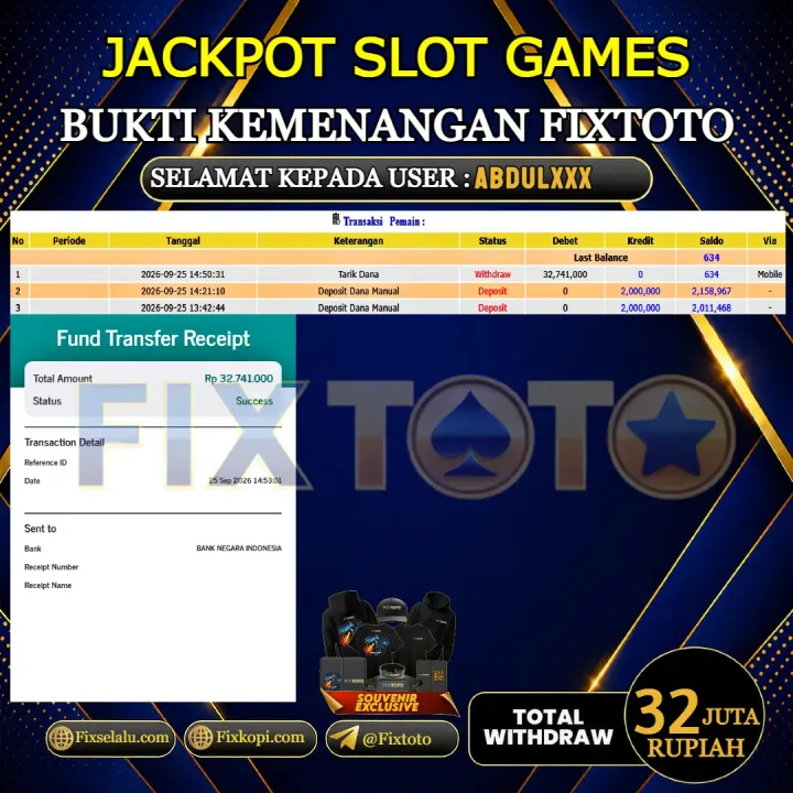  FIXTOTO JACKPOT SLOT GAMES Rp.32.000.000,- LUNAS USER ID : ABDUL***
